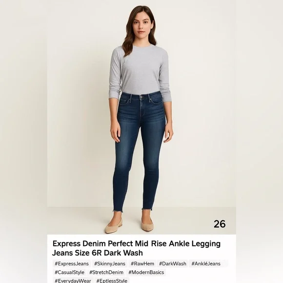 Express Denim Perfect Mid Rise Ankle Legging Jeans Size 6R Dark Wash Raw Hem - Picture 2 of 7